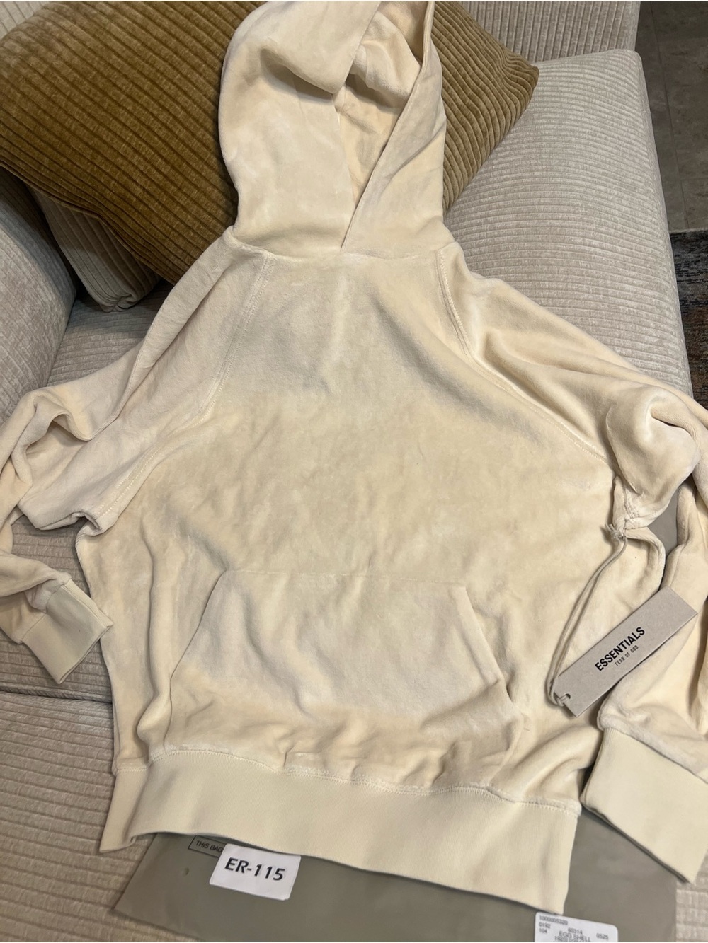 ESSENTIALS Velour Hoodie in Light Cream